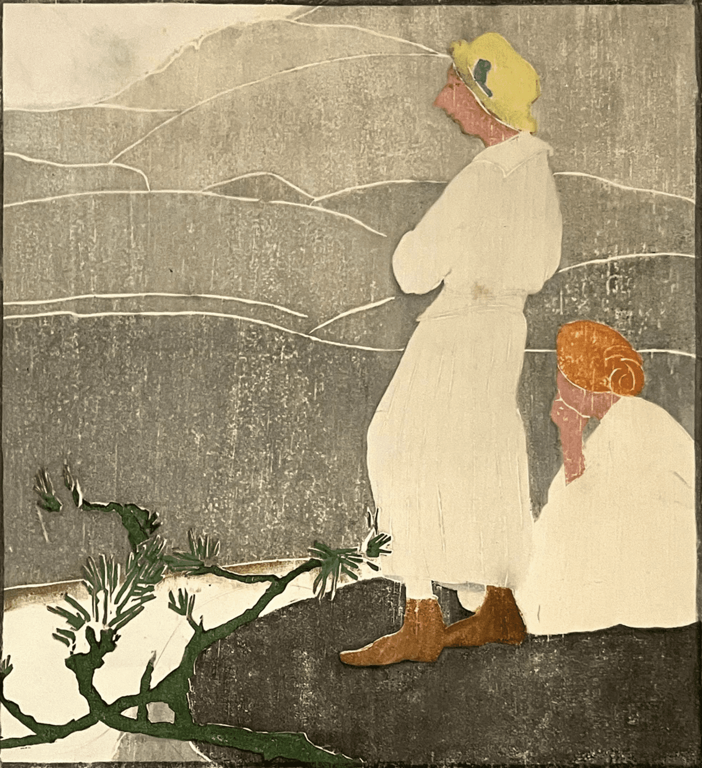 Edna Boies Hopkins<br>Mountain Women (Two Women in White on a Hill) by Pre-War American Woodcuts